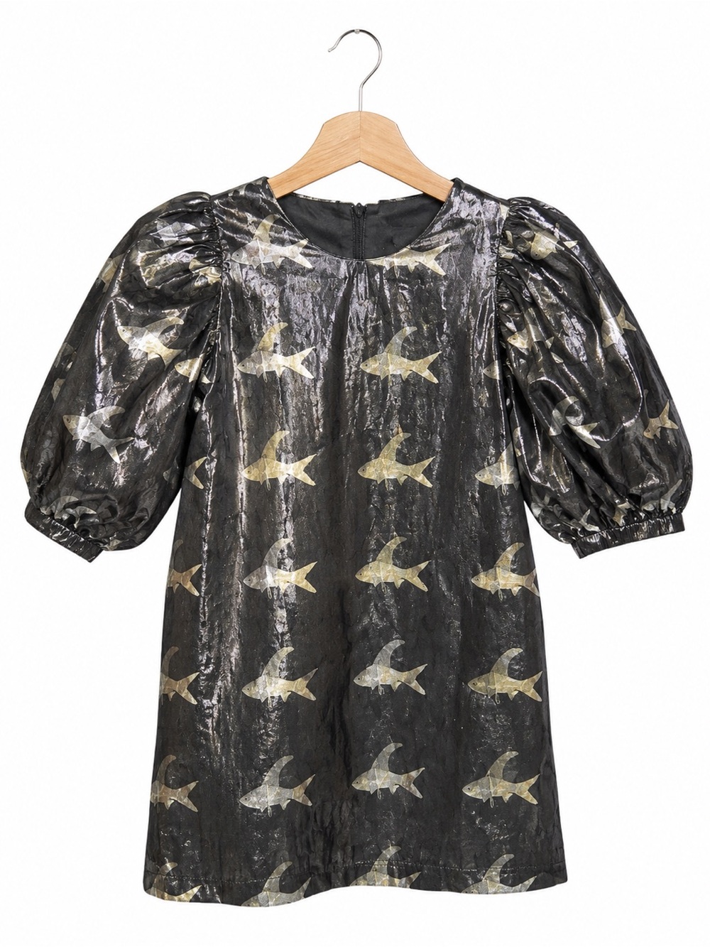 Caroline Bosmans Metallic Shark Print Dress Girls Size 8 Designer Statement
